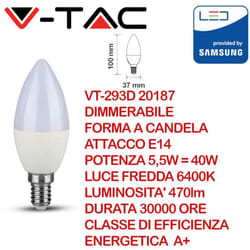 V-TAC PRO VT-293D Lampadina LED Dimmerabile E14 Chip Samsung 5,5W a Candela Bianco freddo - 6400K