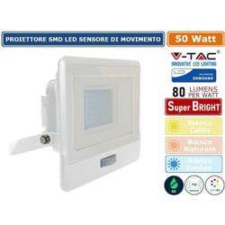 V-TAC VT-158S FARO LED FLOODLIGHT 50W SMD IP65 CHIP SAMSUNG SENSORE MOVIMENTO E CREPUSCOLARE BIANCO - SKU 20277 / 20278 / 20279 - Colore Luce: Bianco