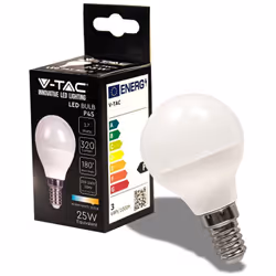 Lampada LED SMD 3.7W E14 180 320LM (86LM/W) luce bianco caldo 3.000K. Forma mini globo (P45) in materiale termoplastico bianc ...