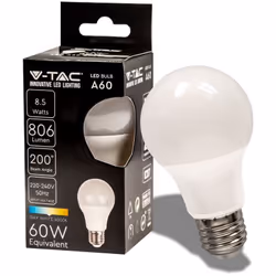 Lampada LED SMD V-TAC 8.5W E27 200 806LM. Forma Bulbo A60 in materiale termoplastico (con copertura opaca) VT-2099 - SKU 2172 ...