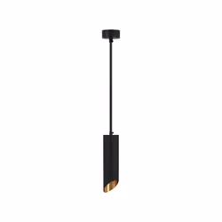 Lampadario portalampada pendente di forma cilindrica in alluminio nero con riflettore colore oro a sospensione. L'asta di sup ...
