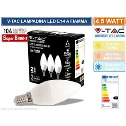Lampadina led E14 4,5W Candela Bianco Naturale (Box 3 Pezzi) - V-tac
