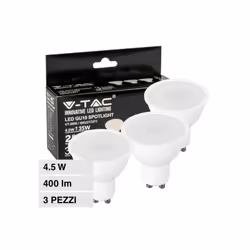 V-TAC VT-2095 SUPER SAVER PACK 3 LAMPADINE LED GU10 4.5W FARETTO SMD V-Tac VT-2095 Super Saver Pack è un kit composto da 3 la ...