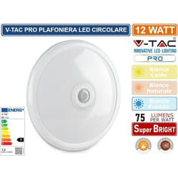 V-TAC PRO VT-13 PLAFONIERA LED DOME LIGHT 12W SMD CHIP SAMSUNG CON SENSORE PIR DI MOVIMENTO E CREPUSCOLARE - SKU 807 / 21808 / 21809 - Colore Luce: