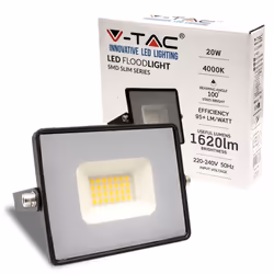Faro LED SLIM V-TAC E-Series ultra Slim in alluminio nero 20W, flusso luminoso 100 1.620LM da esterno IP65 SMD CLASSE F VT-40 ...