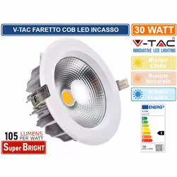 V-Tac VT-26301 è una lampadina LED da 30W di potenza con tecnologia LED COB e copertura opaca al centro e trasparente intorno ...