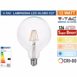 Lampadina LED V-Tac VT-2143 con potenza di 12W e attacco E27. Lampadina con tecnologia LED a Filamento e forma Globo G125 in ...