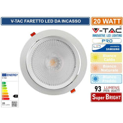 V-tac - pro VT-2-20 faretto led da incasso rotondo 20W cob chip samsung - sku 21842 / 21843 / 21844 - Colore Luce: Bianco Naturale