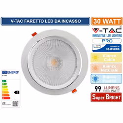 Faretto LED da incasso V-Tac PRO VT-2-30 con potenza di 30W. Forma rotonda in alluminio di colore bianco con testina orientab ...