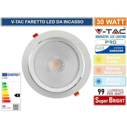 V-tac - pro VT-2-30 faretto led da incasso rotondo 30W cob chip samsung - sku 21845 / 21846 / 21832 - Colore Luce: Bianco Caldo