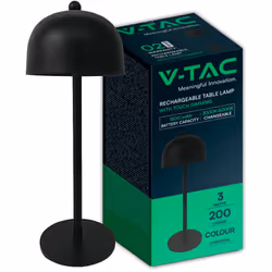V-TAC Lampada LED da Tavolo 3W Ricaricabile, Nero Metallo Touch Dimmerabile 3in1