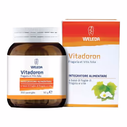 Vitadoron è un integratore alimentare a base di folgie di fragola e vite, utile come antiossidante che coadiuva la fisiologic ...