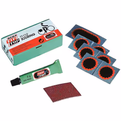 kit riparazione biciclette composto da: pz.6 pezze F 1 ø mm.25, pz.1 pezza a F 2 mm.50x25, pz.1 tubetto mastica SVS-VULC gr.5 ...