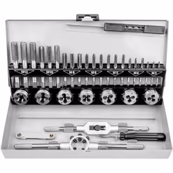 Pratico set per filettatura composto da 32 pz. In complesso il set presenta 21 punte e 7 lame filettate con giramaschio, supp ...