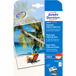 Avery C2495-45R, Molto lucida, 230 g/m², Ad inchiostro, Bianco, 45 fogli, Cloro