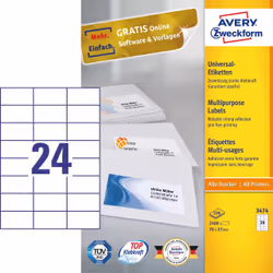 Avery 3474, Bianco, Rettangolo, Permanente, 70 x 37 mm, A4, Carta