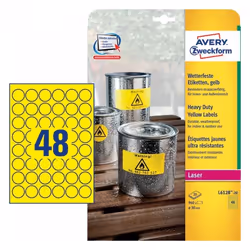 Avery L6128-20, Giallo, Cerchio, Permanente, Bianco su trasparente, DIN A4, Poliestere