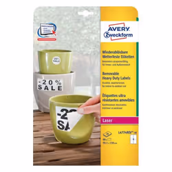 Avery L4774REV-20, Bianco, Rettangolo con angoli arrotondati, A4, Poliestere, Opaco, Laser/Inkjet