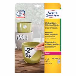 Avery L4773REV-20, Bianco, Rettangolo con angoli arrotondati, Rimovibile, 63.5 x 33.9 mm, A4, Poliestere