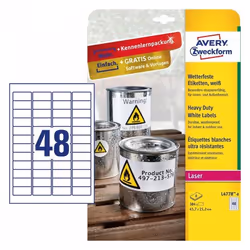 Avery L4778-8, Bianco, Etichetta per stampante autoadesiva, A4, Poliestere, Laser, Permanente