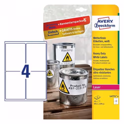 Avery L4774-8, Bianco, Etichetta per stampante autoadesiva, A4, Poliestere, Laser, Permanente