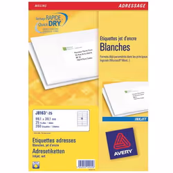 Avery J8163-25, Bianco, Ad inchiostro, 99.1 x 38.1 mm, A4, 25 fogli, 350 pz