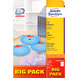 Avery CD/DVD Labels, Bianco, A4, Carta, Laser/Inkjet, Permanente, FSC Mix Credit