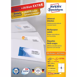 Avery 3483-200, Bianco, Rettangolo, Permanente, 105 x 148 mm, A4, Carta
