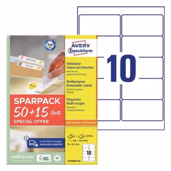 Avery L4744REV-65, Bianco, Etichetta per stampante autoadesiva, A4, Carta, Laser/Inkjet, Rimovibile