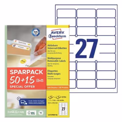 Avery L4737REV-65, Bianco, Etichetta per stampante autoadesiva, A4, Carta, Laser/Inkjet, Rimovibile