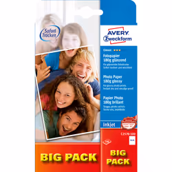 Avery Classic Inkjet, 10x15cm, 180g, Lucida, 180 g/m², Ad inchiostro, Bianco, 100 fogli, 15 - 30 °C