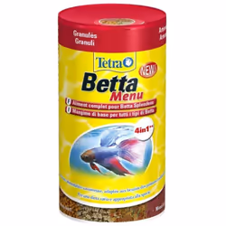 Prodotto: Tetra Betta Menu 100ml Informazioni: Mini fiocchi, granuli, crisp e artemia in 4 scomparti separati per una dieta v ...