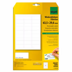 Sigel LA210, Bianco, Rettangolo con angoli arrotondati, Rimovibile, 63.5 x 29.6 mm, A4 (210x297 mm), Universale