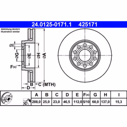 Disco freno ATE 24.0125-0171.1 anteriore, ventilato, altamente carbonizzato, 1 Pezzo