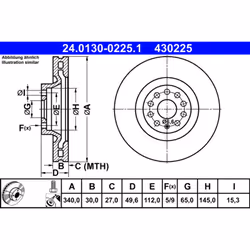 Disco freno ATE 24.0130-0225.1 anteriore, ventilato, altamente carbonizzato, 1 Pezzo