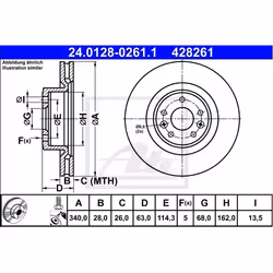 Disco freno; ATE; 340,0 28,0 5 114,3 ventilato rivestito legato /ad alto tenore di carbonio; per RENAULT; 402060012R