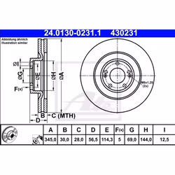 Disco freno; ATE; 345,0 30,0 5 114,3 ventilato rivestito legato /ad alto tenore di carbonio; per HYUNDAI; 517122M900