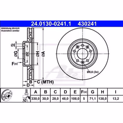 Disco freno; ATE; 330,0 30,0 5 108,0 ventilato rivestito legato /ad alto tenore di carbonio; per PEUGEOT, OPEL, DS, CITROËN, ...