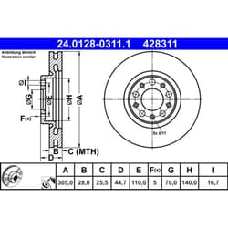 Disco freno ATE 24.0128-0311.1 anteriore, ventilato, altamente carbonizzato, 1 Pezzo