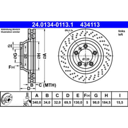 Disco freno ATE 24.0134-0113.1 anteriore, ventilato, altamente carbonizzato, 1 Pezzo