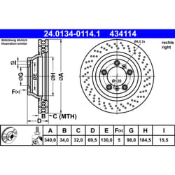 Disco freno ATE 24.0134-0114.1 anteriore, ventilato, altamente carbonizzato, 1 Pezzo