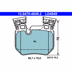 Altezza [mm]: 76. Asse di sviluppo: Posteriore. Contatto di usura: No. Indice: 13.0470-4849.2. Larghezza [mm]: 86,7. Material ...