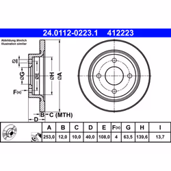 Altezza [mm]: 40,0. Cerchio foro-ø [mm]: 108,0. Diametro centraggio [mm]: 63,5. Diametro esterno [mm]: 253,0. Diametro foro [ ...