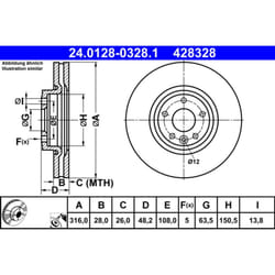 Disco freno ATE 24-0128-0328-1-02 anteriore, ventilato, altamente carbonizzato, 1 Pezzo