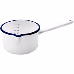 Pentola smaltata Husum con beccuccio e scala litrica, colore bianco con bordo blu e manico smaltato. Alta esecuzione. Dimensi ...