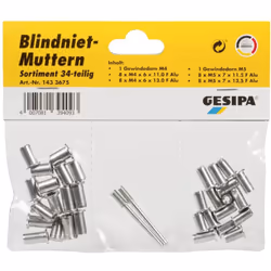 Dettagli tecnici Contenuto 34 Parti Tipo prodotto Rivetto Assortimento dadi rivetti ciechi (34 pezzi) Dadi per rivetti ciechi ...