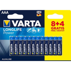Varta Longlife Power, Batteria Alcalina, AAA, Micro, LR03, 1.5V, Blister da 8+4, Made in Germany