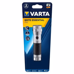 Torcia Varta Brite Essential F10: corpo in alluminio gommato, perfetta per campeggio e uso quotidiano, con le seguenti caratt ...