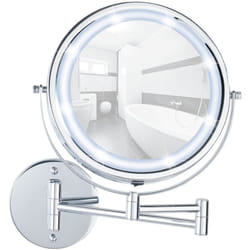 Wenko - Specchio ingranditore x5 con braccio telescopico Lumi, Specchio da trucco a led da parete senza foratura Power-Loc®, ø 17,5 cm, Acciaio,