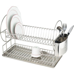 Wenko - Scopino per Piatti in Acciaio Inox Duo Esclusivo, Scopino per piatti con cestino coperto, Acciaio Inox, 21x33x49 cm, Lucido